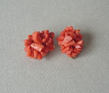 anciennes Boucles d'Oreilles CLIP perles CORAIL Rouge véritable Vintage Earrings