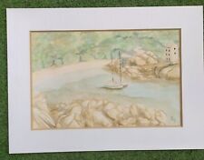 ANCIENNE PEINTURE AQUARELLE BATEAUX AU MOUILLAGE SIGNEE