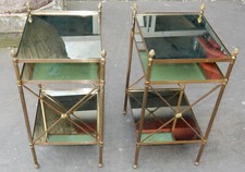 1950/70′ Étagères en Laiton à 3 Niveaux, Baguès à Croisillons Plateaux Miroirs