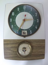 Pendule horloge VEDETTE formica blanc bois dateur baromètre 1960 vintage