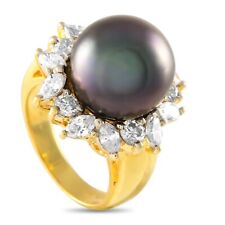 Lovely 18K Yellow Gold 1.76ct Diamond and Tahitian Pearl Ring