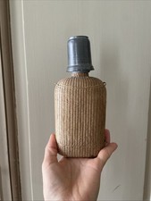 Antique French Glass & Metal Lid Pocket Wicker Flask