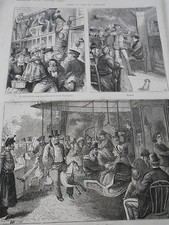 Gravure 1874 - Paris vu par un Anglais Les chevaux de bois Guignol etc