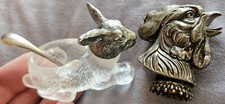 Salière zoomophe verre & métal argenté " LAPIN " & fretel bouchon " tête de COQ