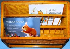 PORTE COURRIER BOIS ET PAILLE VINTAGE 3 CASIERS  À LETTRES PHOTOS 28 X 13 cm TBE