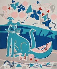Françoise GILOT : Table de cuisine, Chat et Fruits, Sérigraphie originale