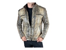 Vintage-Style Python Snake Print Faux Leather Racer Jacket For Mens