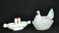 POULE ET SALIERE OPALINE DE FOIRE