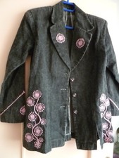 VESTE JEAN VINTAGE GRISE A GROSSES FLEURS ROSES 38 TBE