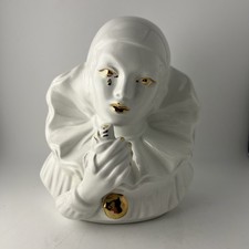 Sculpture Buste de Pierrot en Céramique Blanc et Doré - Fait Main Italie Vintage
