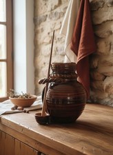 Pot en Céramique Vintage Marron avec Cuillère en Bois & Corde Tressée Pot à Miel