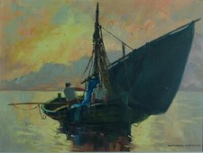 Ancien tableau  marine Bateau marin golfe de Saint Tropez le soir Ludovic  hst