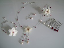 Parure Collier Bijoux Bordeaux/Blanc/Ivoire Robe Mariée/Mariage/Cérémonie Fleur