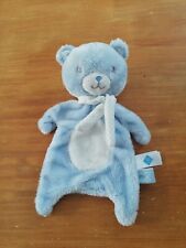 Doudou TEX Baby Ours Plat Blanc Bleu Écharpe Pois Attache Tétine