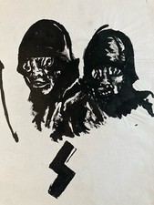 Belle Peinture Soldate Casque Tête Mort Gouache 1960 Curiosité Art Encre Guerre