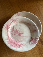 Rare assiettes en céramique de Gien décor rose vues d'orient Bordeaux  fin XIXe