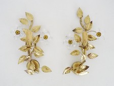 Paire d'appliques murales doré vintage italienne avec fleurs en verre, 1970s