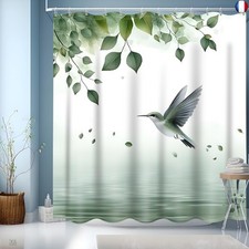 NEJLCTOROUS Rideau de Douche 180 x 200 cm, Motif Feuilles Vertes, Ourlet lesté, 