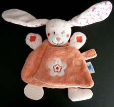 *. DOUDOU LIVRE TISSUS TEX BABY LAPIN blanc rose orange fleur miroir oiseau TTBE