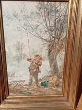 Jolie Et Rare Ecole FRancaise Xix Scene De Pêcheur Cadre Et Signe