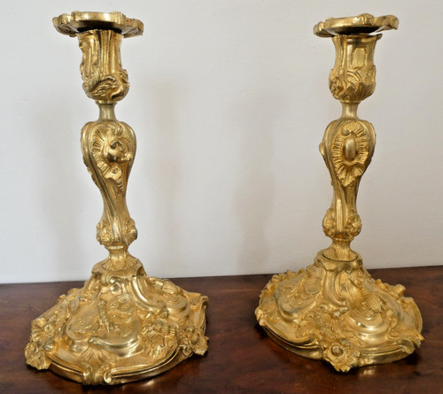 Paire bougeoirs bronze - bougeoirs, en