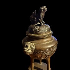 Ancien Brûle Parfum En Bronze & Chine ? Canton ? Chien De Faux & Dragons 