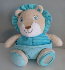 i. DOUDOU PELUCHE CHICCO LION bleu beige blanc poche pois pied miroir 17cm  TTBE