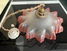 Ancien abat-jour lustre suspension en verre rose plissé Lampe monte et baisse