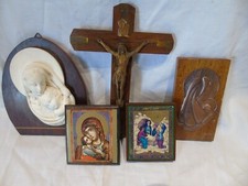 Lot 5 objets religieux crucifix icônes plâtre cuivre bois, Jésus Marie
