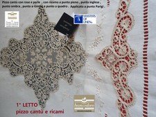 Couvre-Lit + Complet Linge Broderie Main Lin Dentelle aux Fuseaux Cantù 5 Pz.