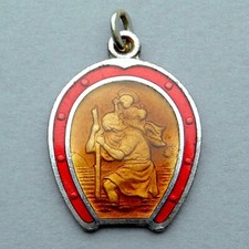 Saint Christopher. Horseshoe Enamel Medal. Antique Religious Large Pendant.