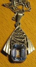 PENDENTIF ART DECO ancien AIGUE-MARINE & MARCASSITES MONTURE ARGENT + CHAÎNETTE