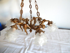 ANCIEN LUSTRE à Décor de Six ANGES  en BRONZE avec Pâte de verre