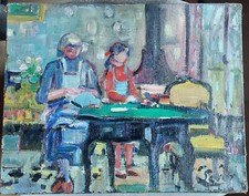 TABLEAU HUILE SUR TOILE ROBERT SAVARY ECOLE DE ROUEN GRAND MERE ET DOMINIQUE