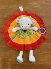 Doudou Peluche vache plat Babysun Blanc Rouge Orange Anneau Bleu Vert Cravate