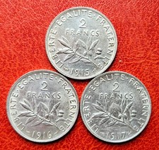 Lot de 3 pièces en argent de 2 Francs semeuse françaises