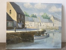 Tableau Peinture Maisons Au Bord De Mer, Huile Sur Toile, Signé