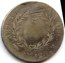 Consulat Bonaparte (1799-1804) 5 Francs AN 12 M Toulouse n° 2