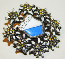 VINTAGE broche emaillée MEDAILLE insigne BADGE ZURICH edelweiss SUISSE swiss