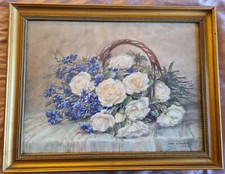 Lucie LOUPPE 1872 - ?  Aquarelle " Panier de roses et bleuets " dlg blanche Odin