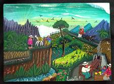 Tableau naïf équatorien, huile sur peau, signé, 24x18cm