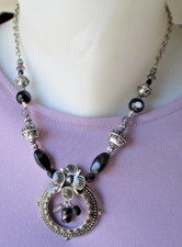 Collier pendentif couleur argent perles noires rare bijou Vintage IKITA 126