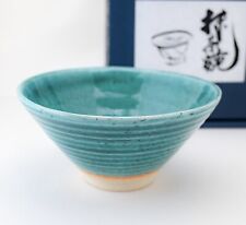 Bol à thé japonais Matcha Chawan plat bleu vert cérémonie du thé poterie Mino...