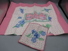 Torchon et manique motif fleurs bleues en coton - Eli