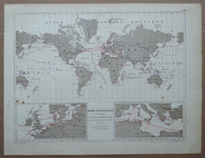 Réseau télégraphique Globe 1872 Hüber carte originale communication plan gravure