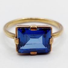 Bague art deco or 18k saphir bleu synthétique et monture géométrique (circa 1950