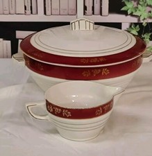soupière & Saucière Ceranord Porcelaine Opaque Modèle Directoire Bordeaux Et Or