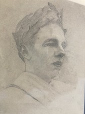 beau Dessin Crayon Portrait Jeune Homme Couronne Laurier Art XIXe Paul Thomas