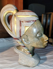 buste sculpture tête femme Africaine stéatite pierre de M'bigou 40 cm environ