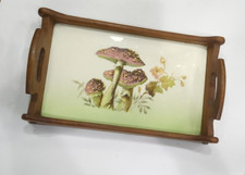 Plateau Bois Et Céramique faïence de Sarreguemines ?  Décor De Champignons